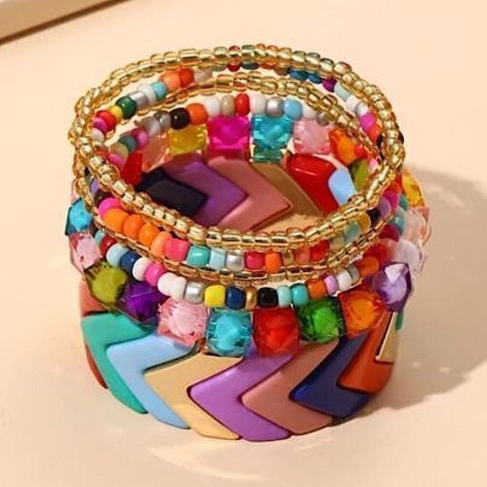 🌟Vibrant Multi-Color Stretch Bracelet Set Eclectic Bohemian Style Jewelry Stack